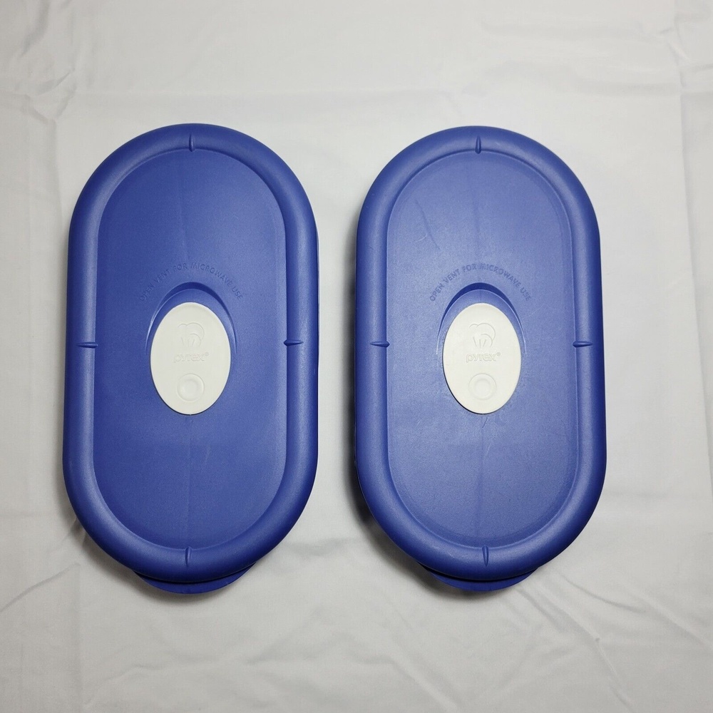 Vintage Pyrex 2 Cup Glass Divided Dish 8300 Blue Vented Lid Oval Oblong Lot of 2